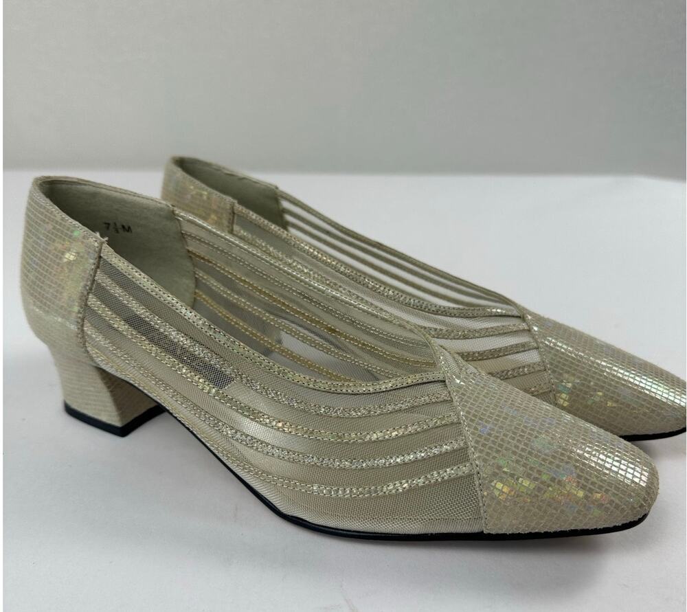 VTG J Renee Gold Mesh Low Block Heel Pumps Heels Regency Shimmer Retro Glam 7.5